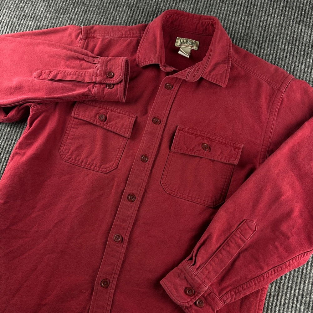 LL Bean Mens Chamois Cloth Shirt Medium Red Burgundy Heavy Cotton 187923